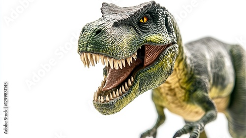 Menacing T-Rex figurine with sharp teeth, isolated and striking, conveying primal ferocity and raw power.