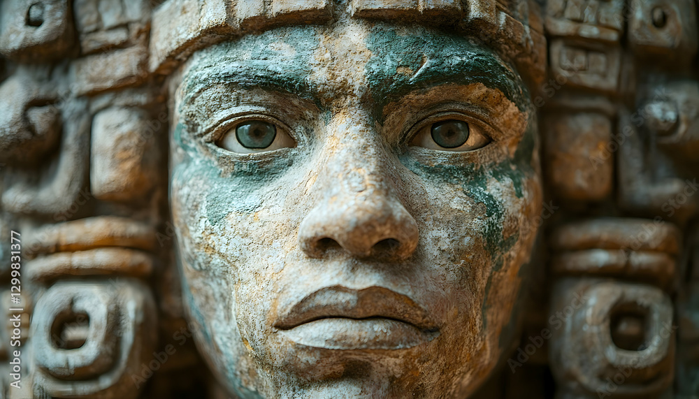 Ancient Mayan carved stone face close-up Ancient Mayan carved stone face close-up