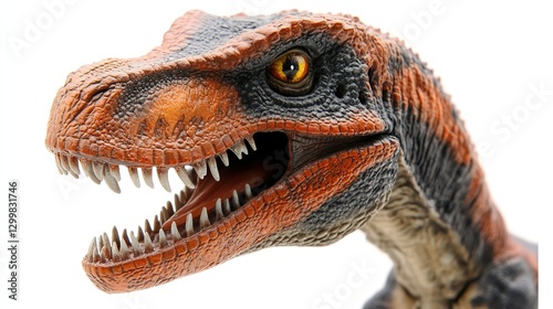Menacing T-Rex figurine with sharp teeth, isolated and striking, conveying primal ferocity and raw power.