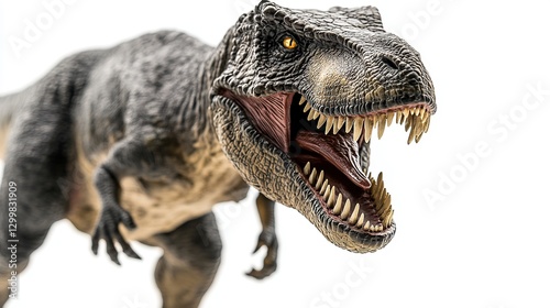 Menacing T-Rex figurine with sharp teeth, isolated and striking, conveying primal ferocity and raw power.