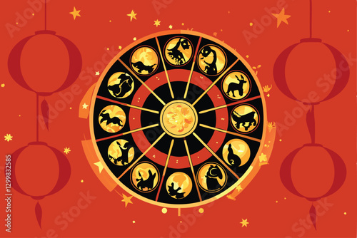 Illustrate a circular arrangement of twelve intricately detailed golden Chinese zodiac animals, showcasing their unique characteristics.  High-resolution, vibrant colors.