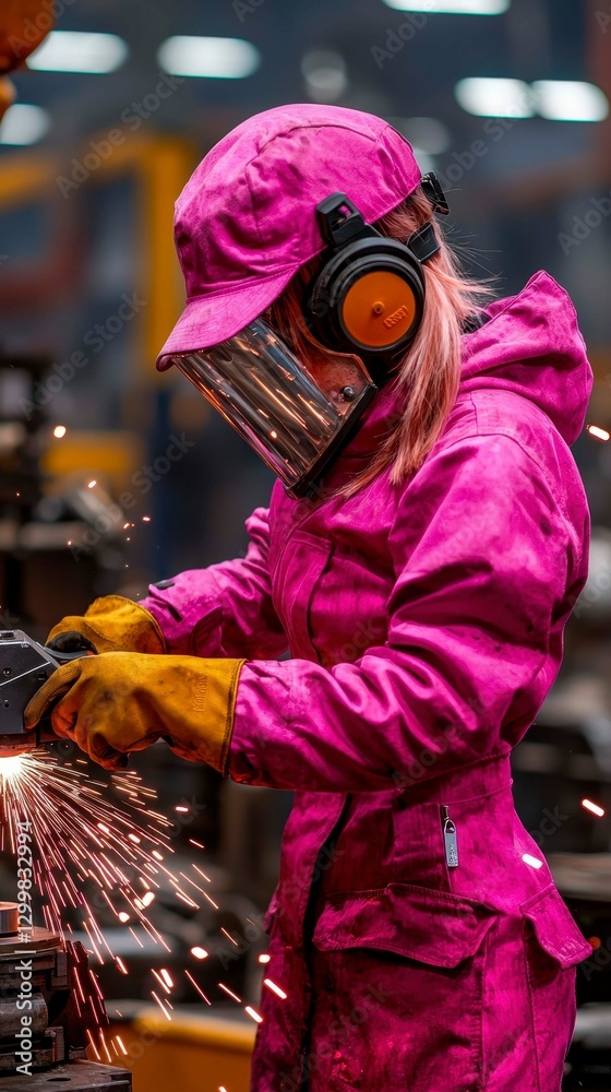Pink Clad Industrial Artisan Sparking Steel with Protective Gear in Manufacturing Environment Pink Clad Industrial Artisan Sparking Steel with Protective Gear in Manufacturing Environment