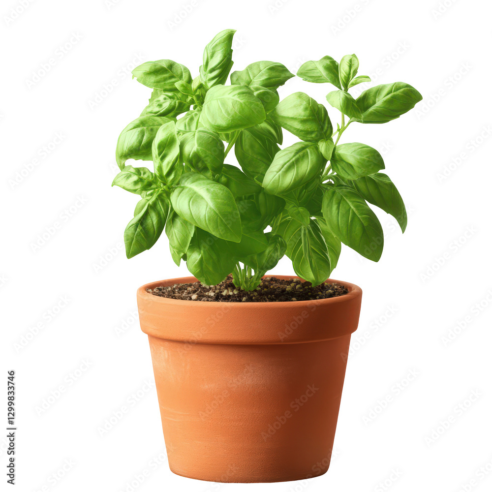 Fresh basil herb in a terracotta pot against transparent background Fresh basil herb in a terracotta pot against transparent background