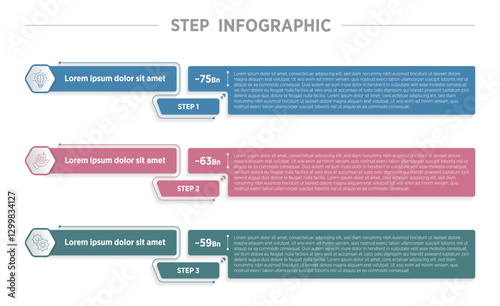 Modern vertical step milestone infographic template banner with fill box and with fill arrow with 3 point list information for slide presentation vector