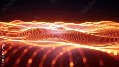 Vibrant Digital Landscape of Glowing Orange Waves and Dots Creates Dynamic and Futuristic Scene, Evoking Sense of Energy and Movement with Flowing Patterns and Bright Colors