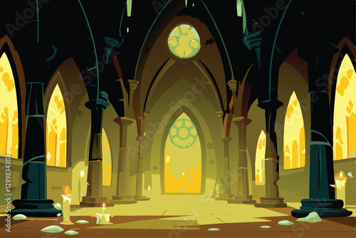 A crumbling gothic cathedral interior, showcasing broken, dark arches and intricate stonework; dramatic lighting emphasizes decay.