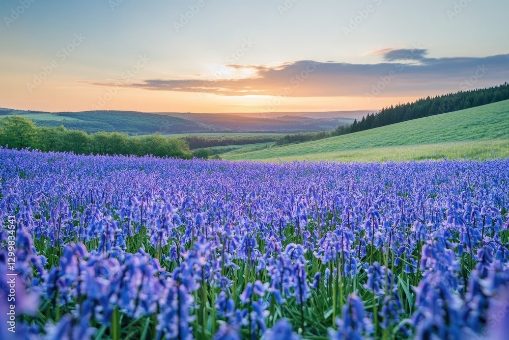 Fototapeta premium Vast bluebell field at sunset, rolling hills in the background, peaceful and serene landscape.