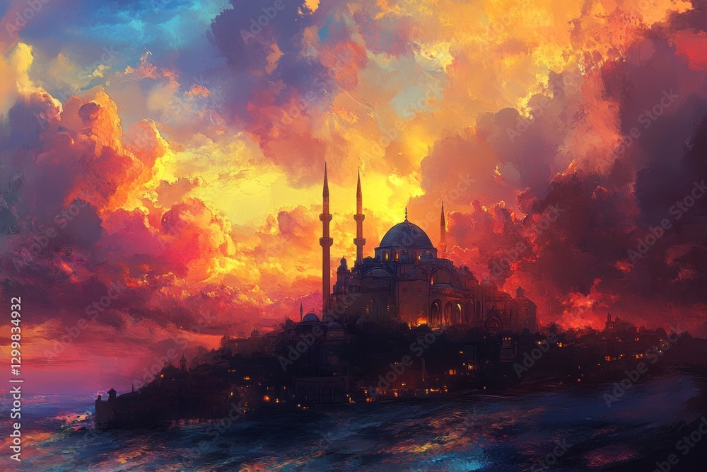 Obraz premium Dramatic sunset over a coastal city with a grand mosque.