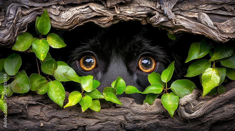 The reflection of a lush green landscape in a dog’s eyes, its gaze full of wonder as it takes in the sights and sounds of nature