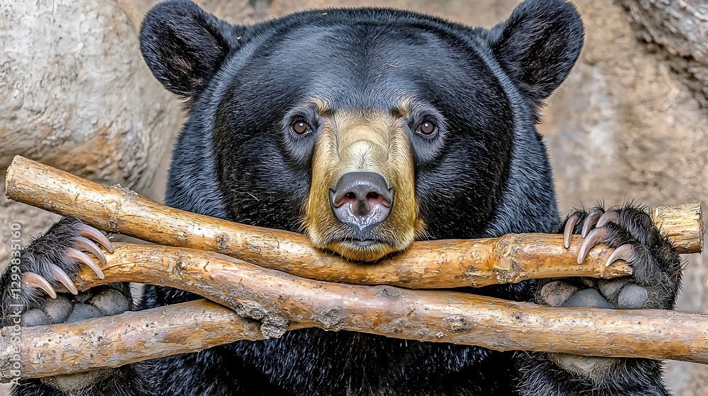 The rugged face of a bear captured in sharp detail, its piercing gaze staring directly into the camera, framed by the wild forest