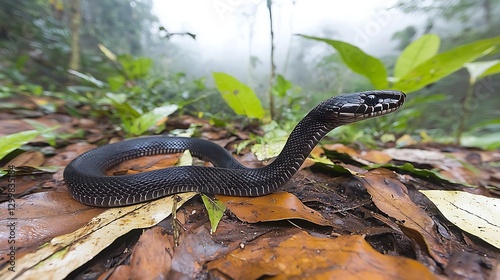 Obraz na płótnie The shadowy figure of a snake gliding through dense rainforest leaves, disappearing into the thick undergrowth as light barely filters through w salonie