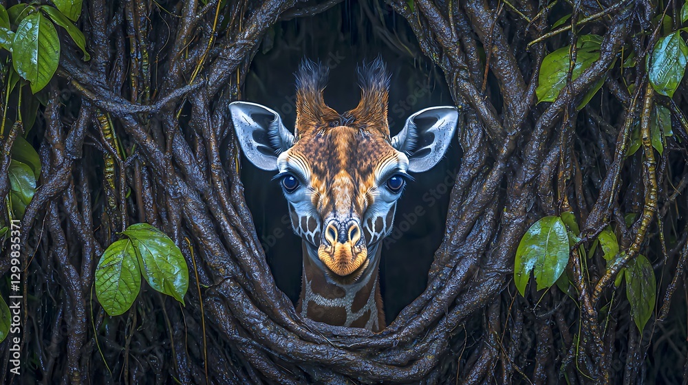 The soft eyes of a giraffe appearing between thick vines and forest leaves, its playful curiosity visible in the way it peers through the dense canopy