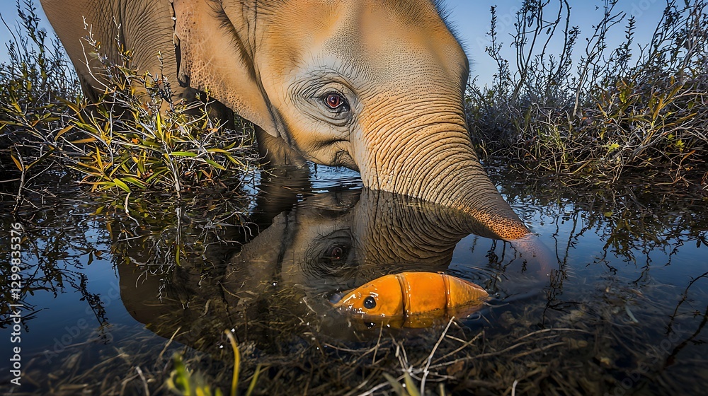 The slow, deliberate movements of an elephant as it sips from a clear river deep in the jungle, surrounded by towering trees and thick vegetation