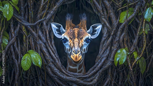 Obraz na płótnie The soft eyes of a giraffe appearing between thick vines and forest leaves, its playful curiosity visible in the way it peers through the dense canopy w salonie