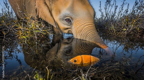 Obraz na płótnie The slow, deliberate movements of an elephant as it sips from a clear river deep in the jungle, surrounded by towering trees and thick vegetation w salonie