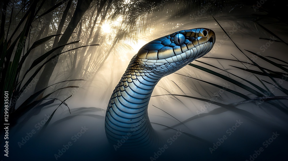 The soft shimmer of a snake’s scales as it moves through the hazy rainforest floor, disappearing into the thick morning fog