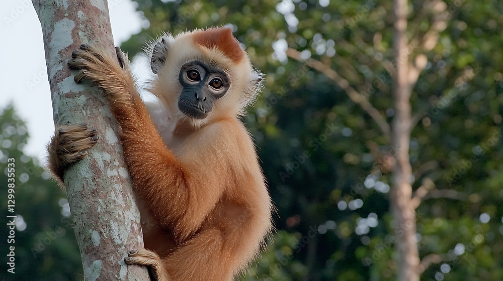 The soft silhouette of a monkey sitting in a tall tree, gazing into the distance as the jungle stretches endlessly beyond