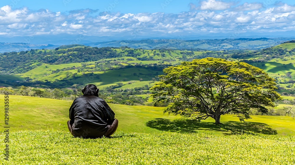 The soft silhouette of a monkey sitting in a tall tree, gazing into the distance as the jungle stretches endlessly beyond