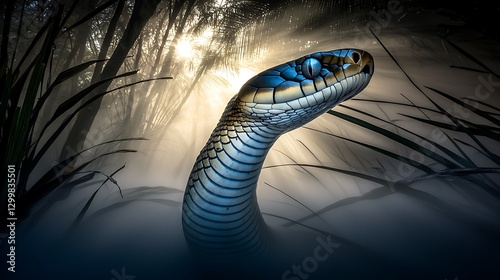 Obraz na płótnie The soft shimmer of a snake’s scales as it moves through the hazy rainforest floor, disappearing into the thick morning fog w salonie