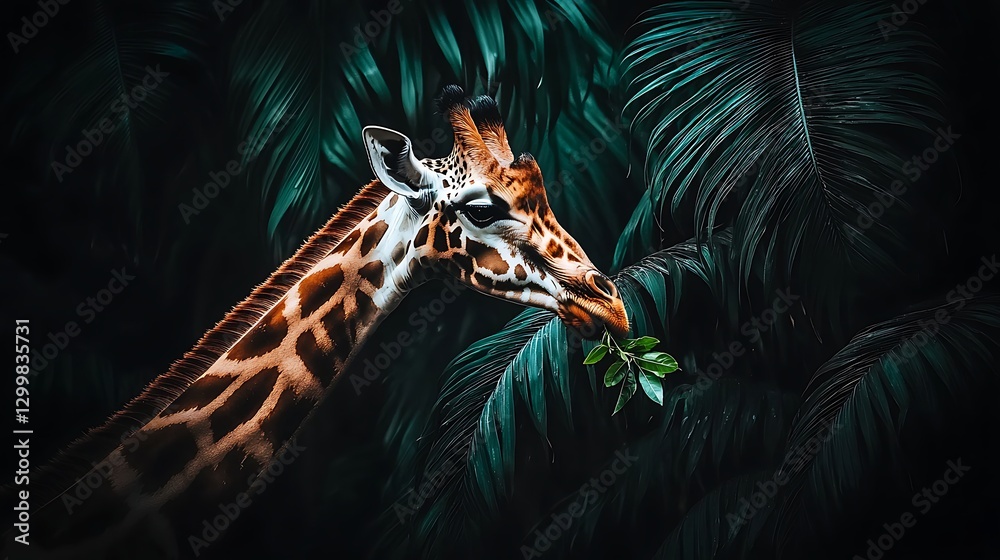 The striking posture of a giraffe stretching to nibble on fresh leaves, its body balanced gracefully against the towering forest canopy