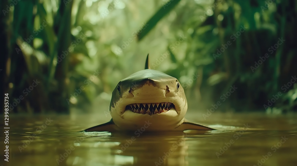 The sudden presence of a shark appearing from beneath a misty jungle waterway, its sharp teeth glistening under the dim light of the dense rainforest