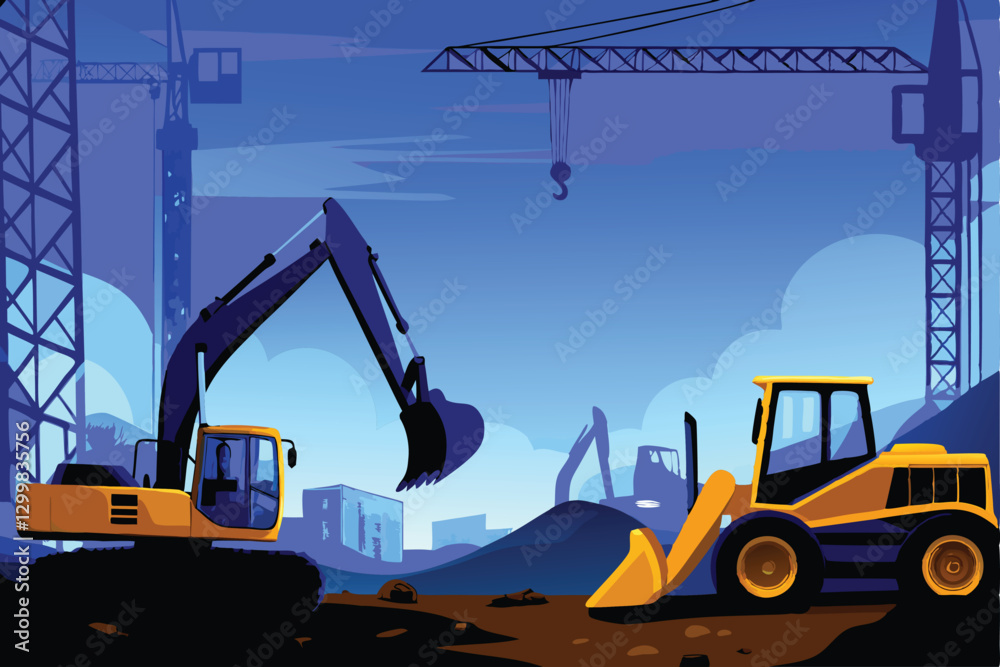 A dramatic backdrop image of multiple powerful excavators on a construction site, emphasizing heavy machinery and industrial power.