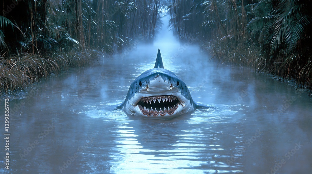 The sudden presence of a shark appearing from beneath a misty jungle waterway, its sharp teeth glistening under the dim light of the dense rainforest