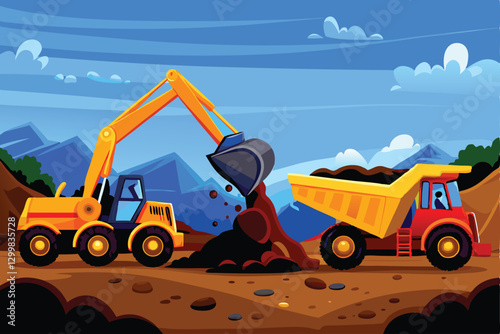 Powerful excavator digs, moving vast amounts of earth in a heavy mining operation.  Dust billows, showcasing industrial scale.