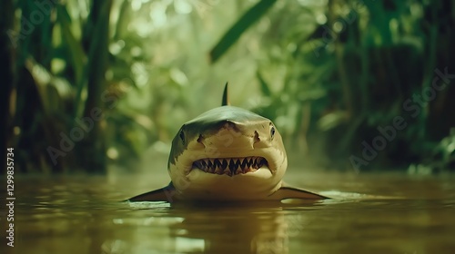 Obraz na płótnie The sudden presence of a shark appearing from beneath a misty jungle waterway, its sharp teeth glistening under the dim light of the dense rainforest w salonie