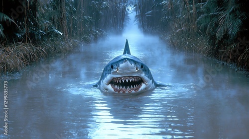Obraz na płótnie The sudden presence of a shark appearing from beneath a misty jungle waterway, its sharp teeth glistening under the dim light of the dense rainforest w salonie