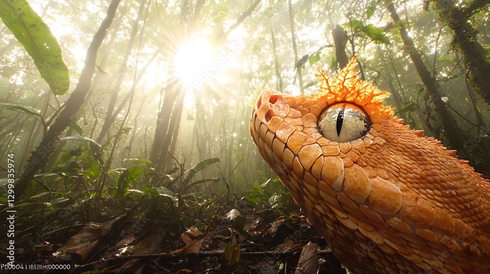 The unsettling beauty of a snake’s hypnotic gaze, its eyes reflecting the dappled light of the forest canopy above