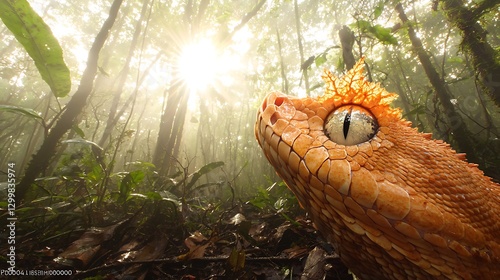 Obraz na płótnie The unsettling beauty of a snake’s hypnotic gaze, its eyes reflecting the dappled light of the forest canopy above w salonie