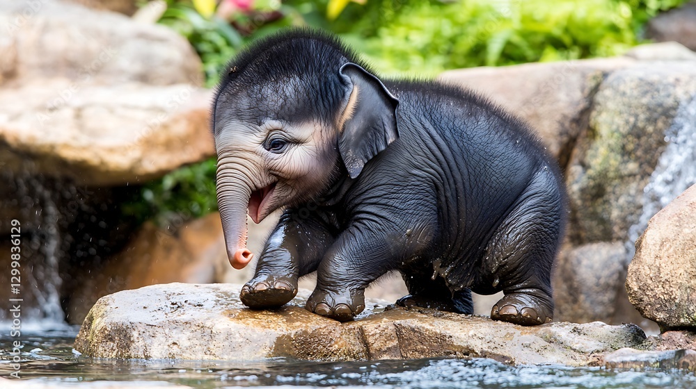 A baby elephant coated in wet mud, rolling happily on the rainforest floor, its excited eyes gleaming with pure joy