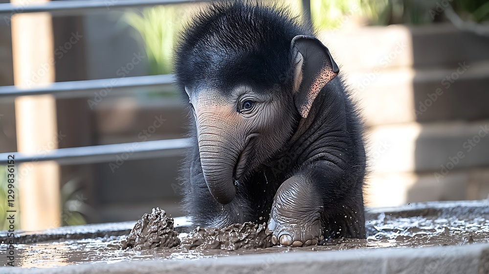 A baby elephant enjoying a carefree moment in a jungle mud pool, its wrinkled skin glistening as it playfully kicks up clumps of wet earth