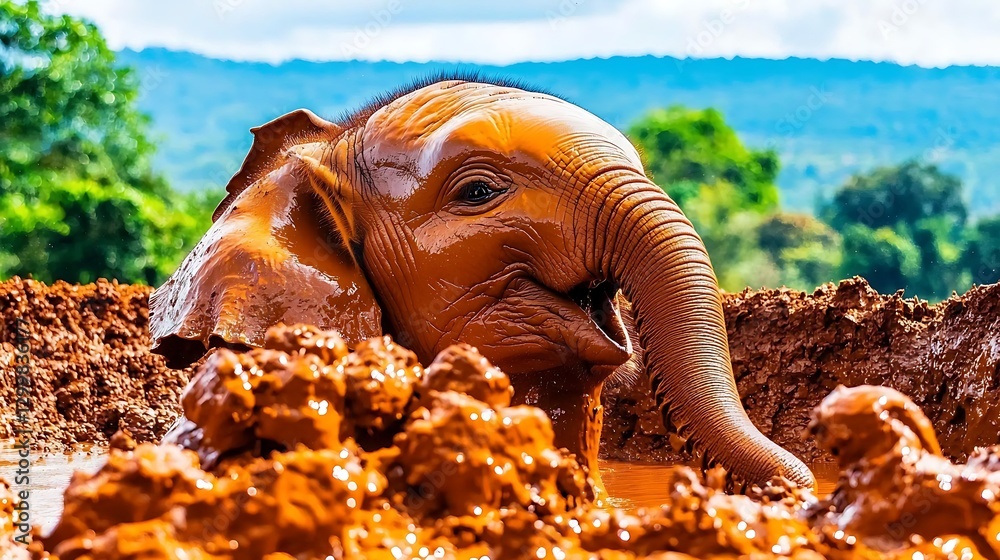 A baby elephant enjoying a carefree moment in a jungle mud pool, its wrinkled skin glistening as it playfully kicks up clumps of wet earth