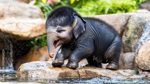 Obraz na płótnie A baby elephant coated in wet mud, rolling happily on the rainforest floor, its excited eyes gleaming with pure joy w salonie