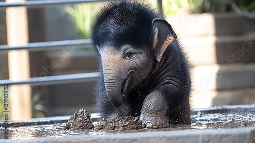Obraz na płótnie A baby elephant enjoying a carefree moment in a jungle mud pool, its wrinkled skin glistening as it playfully kicks up clumps of wet earth w salonie