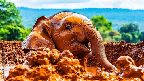 Obraz na płótnie A baby elephant enjoying a carefree moment in a jungle mud pool, its wrinkled skin glistening as it playfully kicks up clumps of wet earth w salonie