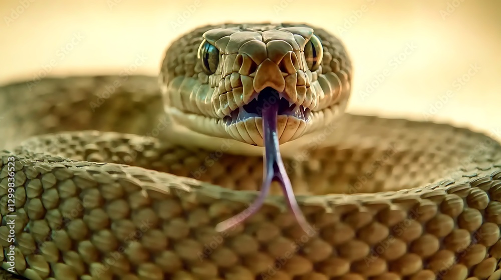A chilling close-up of a snake’s focused stare, its forked tongue flickering slightly as it senses unseen movements in the wild