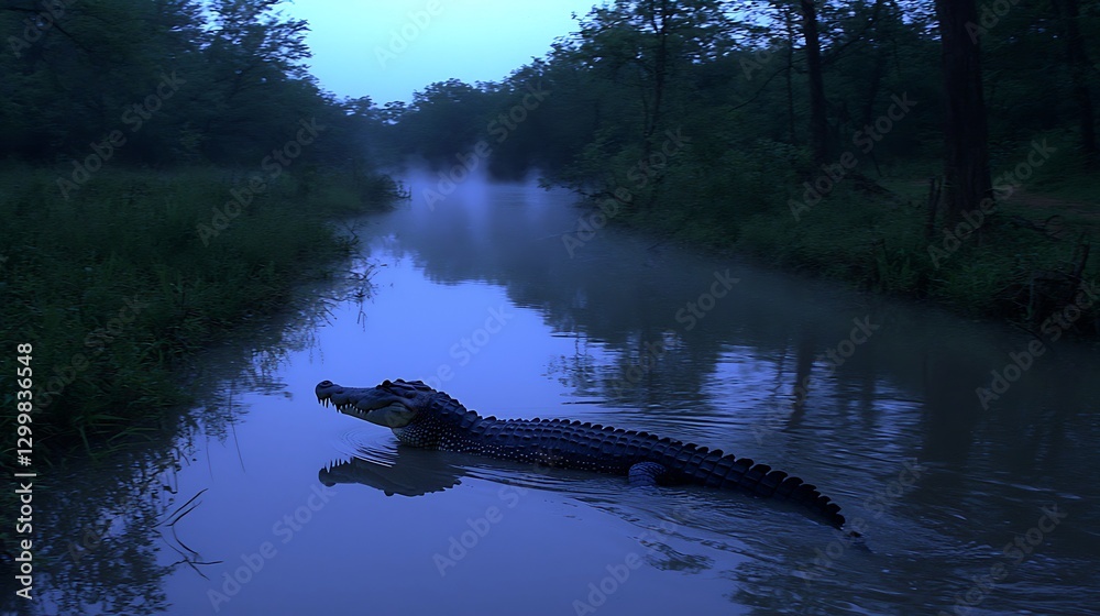 A chilling scene of a crocodile stealthily moving through a river shrouded in morning mist, its powerful form disappearing beneath the surface