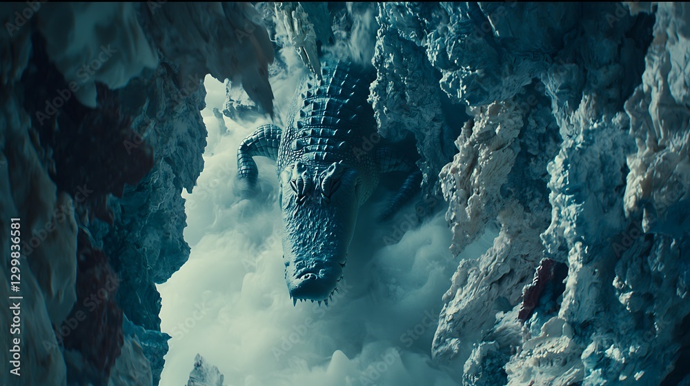 A chilling scene of a crocodile stealthily moving through a river shrouded in morning mist, its powerful form disappearing beneath the surface
