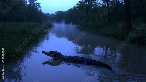 Obraz na płótnie A chilling scene of a crocodile stealthily moving through a river shrouded in morning mist, its powerful form disappearing beneath the surface w salonie
