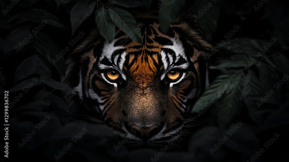 A close-up shot of a tiger’s piercing golden eyes, framed by its bold black stripes, reflecting the dense jungle surroundings