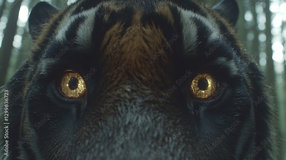 A close-up shot of a tiger’s piercing golden eyes, framed by its bold black stripes, reflecting the dense jungle surroundings