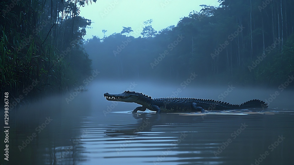 A crocodile drifting effortlessly through a misty jungle waterway, its slow movement sending ripples across the still surface