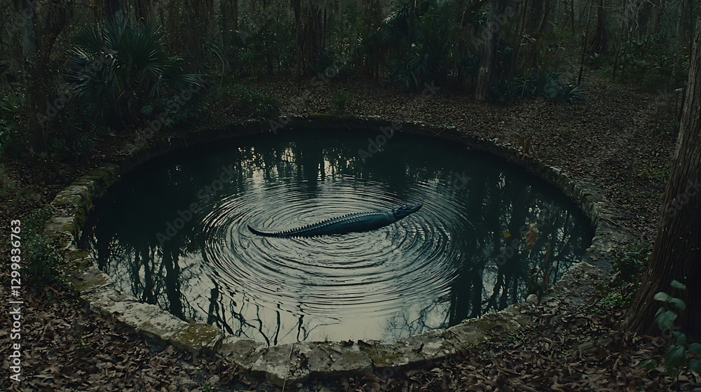 A crocodile drifting effortlessly through a misty jungle waterway, its slow movement sending ripples across the still surface