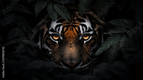 Obraz na płótnie A close-up shot of a tiger’s piercing golden eyes, framed by its bold black stripes, reflecting the dense jungle surroundings w salonie