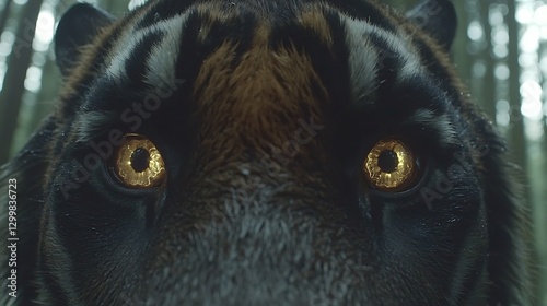 Obraz na płótnie A close-up shot of a tiger’s piercing golden eyes, framed by its bold black stripes, reflecting the dense jungle surroundings w salonie