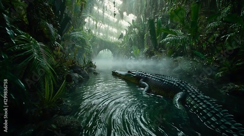 Obraz na płótnie A crocodile drifting effortlessly through a misty jungle waterway, its slow movement sending ripples across the still surface w salonie