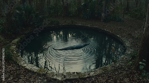 Obraz na płótnie A crocodile drifting effortlessly through a misty jungle waterway, its slow movement sending ripples across the still surface w salonie